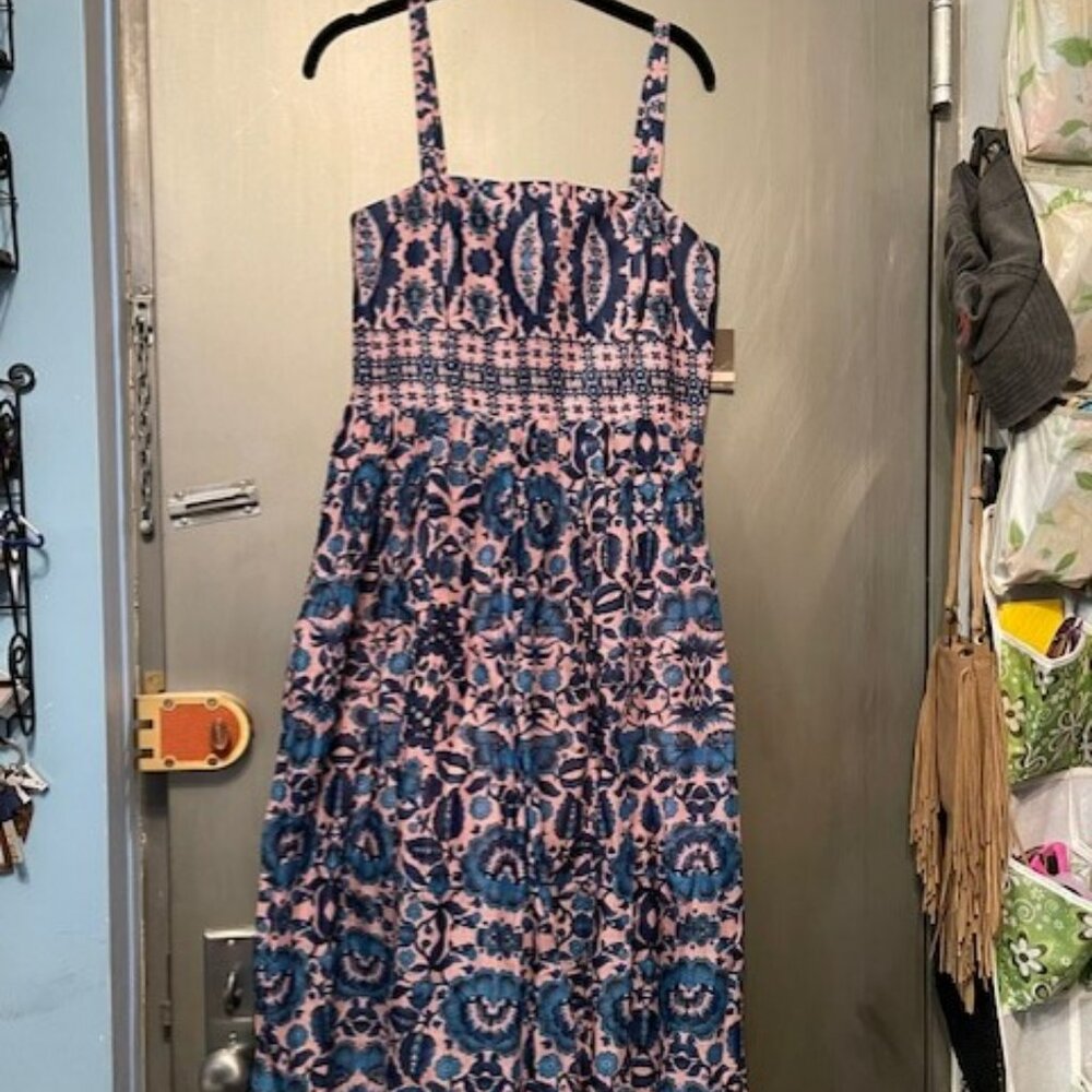 Taylor Retro Pink & Blue Floral Pleated Dress With Pockets Spaghetti Straps - Picture 3 of 16